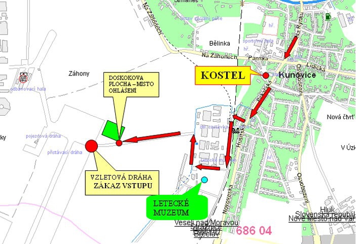 mapka cesty na tandemové seskoky do Kunovic